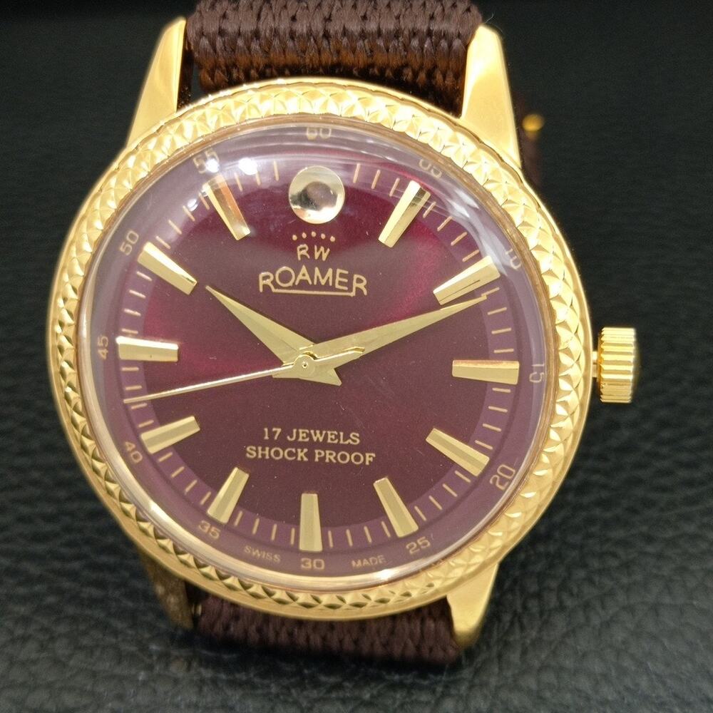 Vintage 1984 Roamer Manual Mens Gold Watch W/Nato Strap & Red accents - Picture 3 of 9